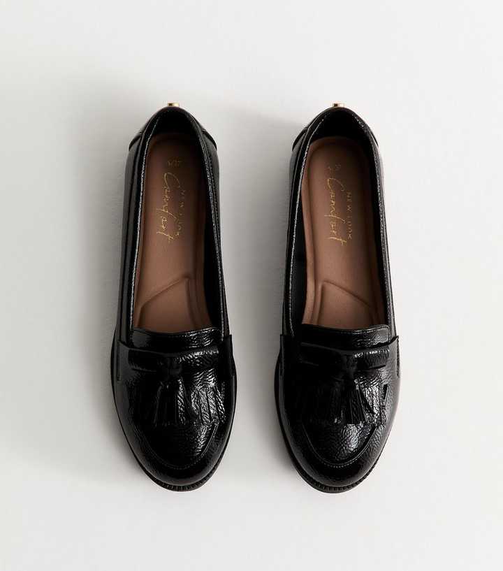 Black Faux Patent Leather Crinkle Texture Tassel Loafers