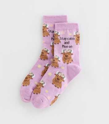 Lilac Cow Pattern Stay Calm And Moo On Ankle Socks