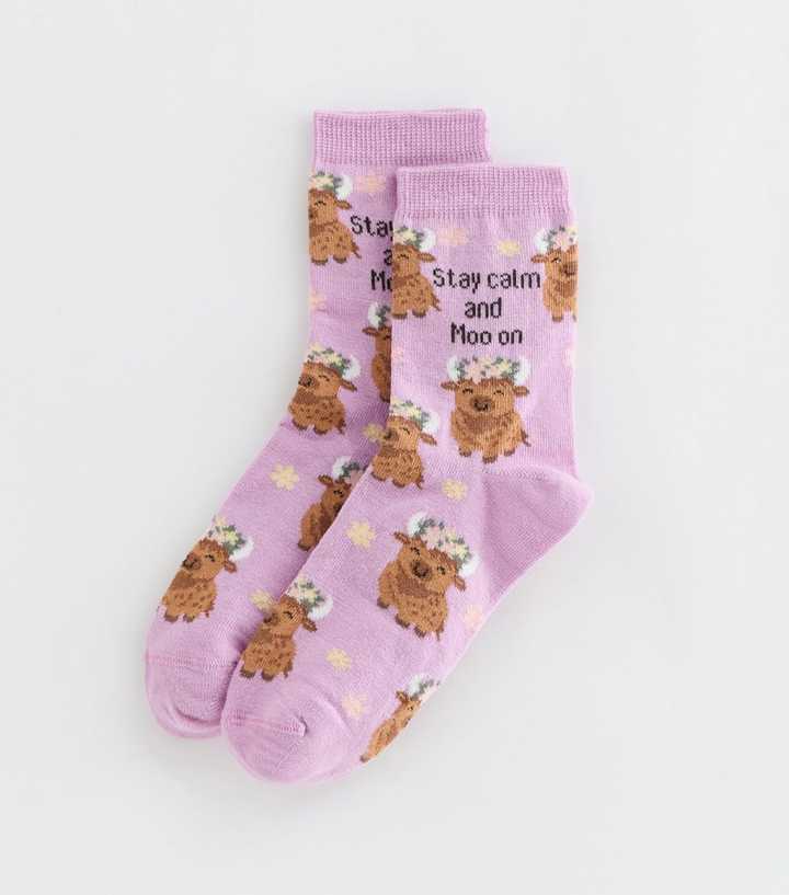 Lilac Cow Pattern Stay Calm And Moo On Ankle Socks
