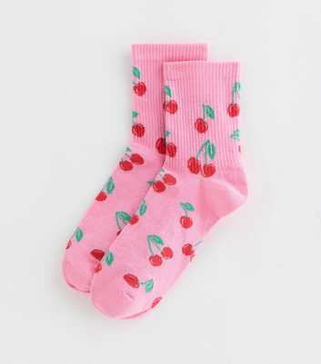 Pink Cherry Pattern Ribbed Tube Socks
