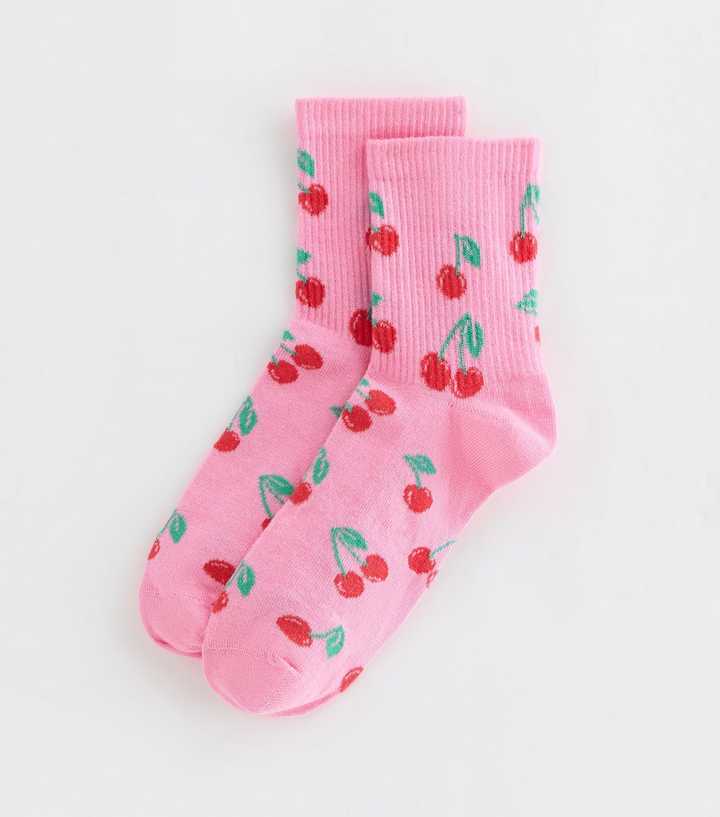 Pink Cherry Pattern Ribbed Tube Socks