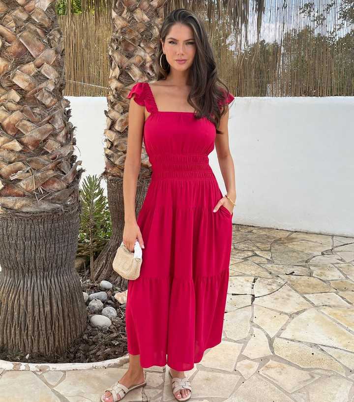 AX Paris Dark Pink Frill Strap Smock Midi Dress