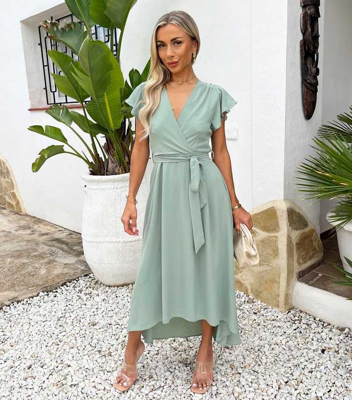 ax paris dresses green Green Wrap Top Belted Short Sleeve Plisse Midi Dress AX Paris