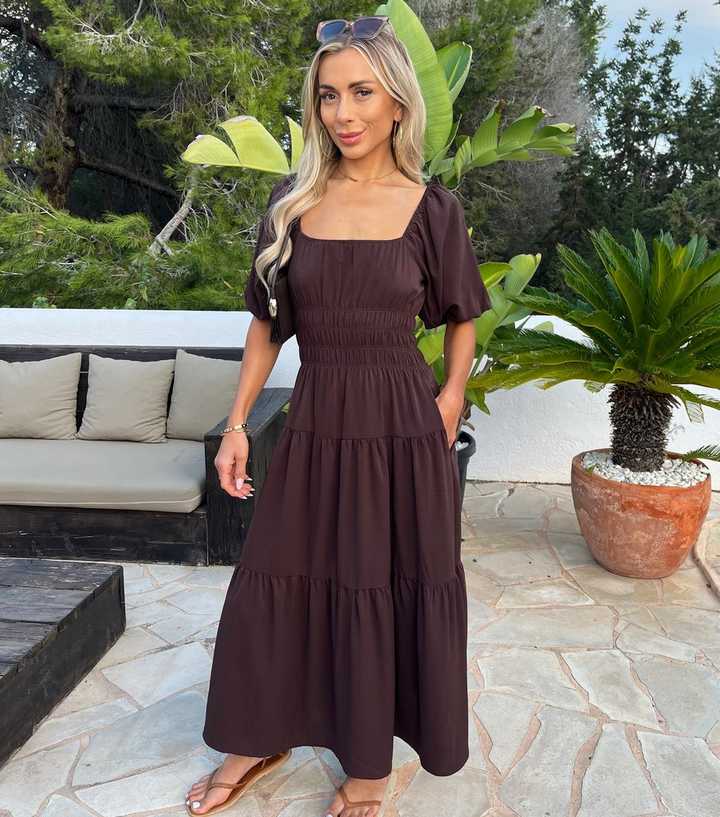 AX Paris Dark Brown Puff Sleeve Smock Midi Dress