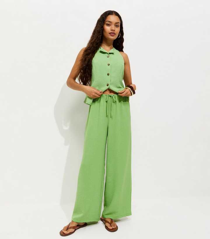 Petite Light Green Drawstring Waist Wide Leg Trousers