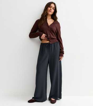 Petite Navy Drawstring Waist Wide Leg Trousers