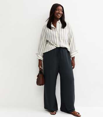 Curves Navy Drawstring Wide Leg Trousers