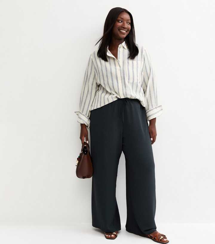 Curves Navy Drawstring Wide Leg Trousers