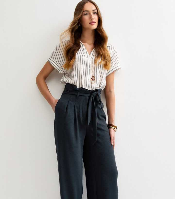 Tall Black Paperbag Waist Wide Leg Trousers