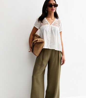 Petite Khaki Pull On Wide Leg Trousers