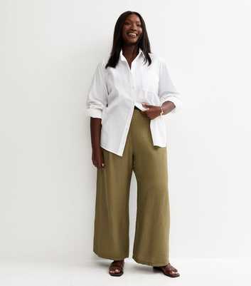 Curves Dark Khaki Crinkle Texture Pull On Wide Leg Trousers