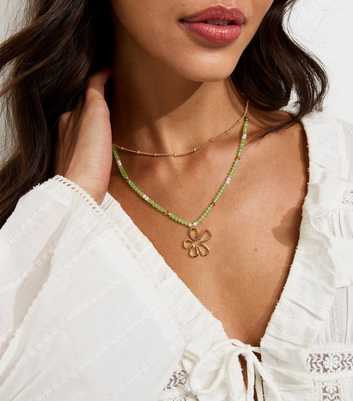Light Green Double Layer Beaded Flower Charm Necklace