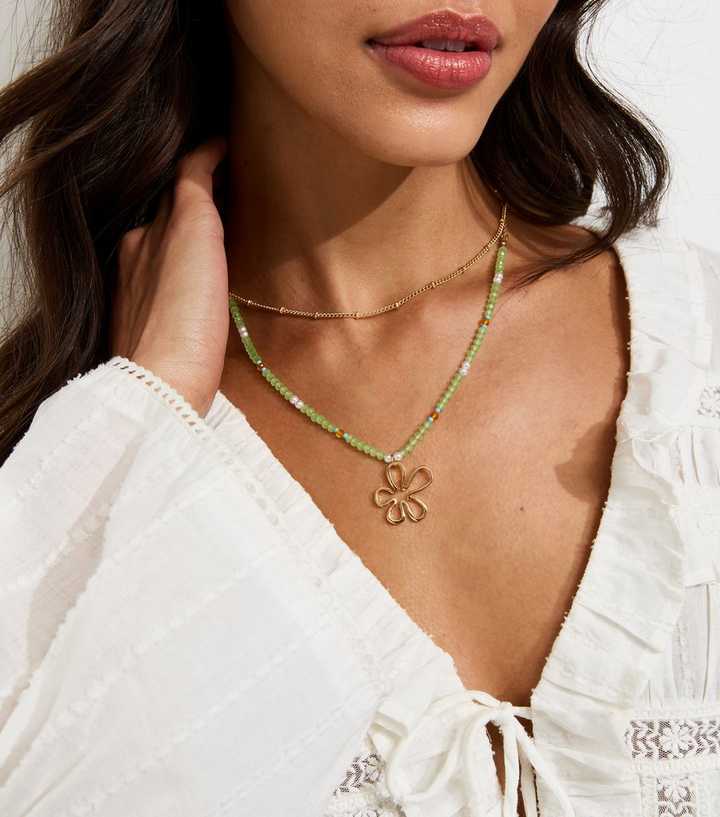 Light Green Double Layer Beaded Flower Charm Necklace