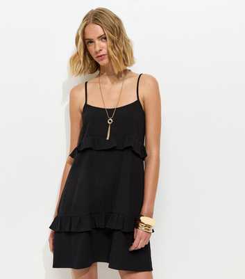 Black Crinkle Texture Ruffle Trim Mini Dress