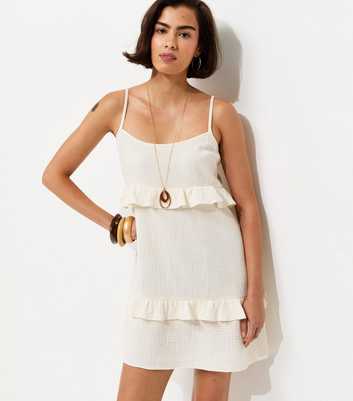 White Crinkle Texture Ruffle Trim Mini Dress