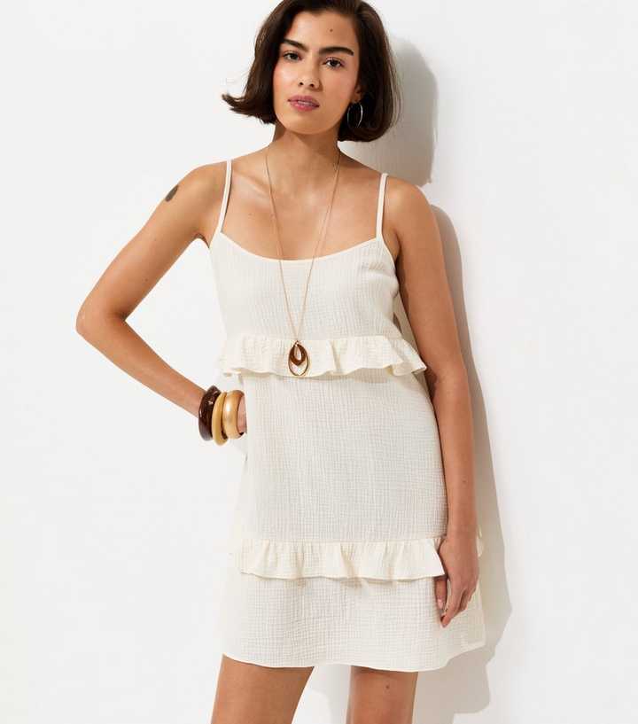 White Crinkle Texture Ruffle Trim Mini Dress