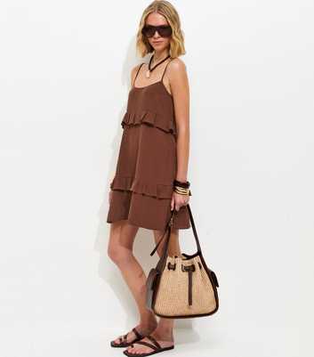 Brown Crinkle Texture Ruffle Trim Mini Dress