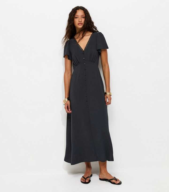 knee length dresses for ladies Black Jacquard Star Button Through Midi Dress Scamp & Dude