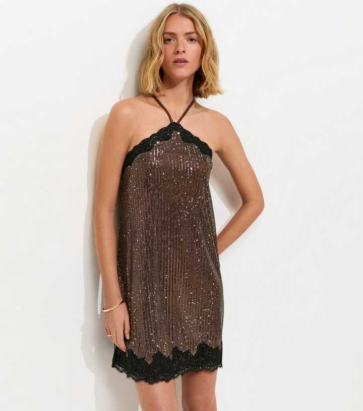 Dark Brown Sequin Embellished Lace Trim Mini Dress