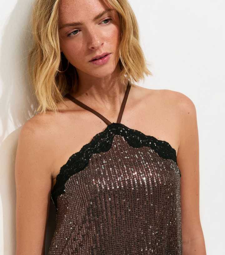 Dark Brown Sequin Embellished Lace Trim Mini Dress | New Look