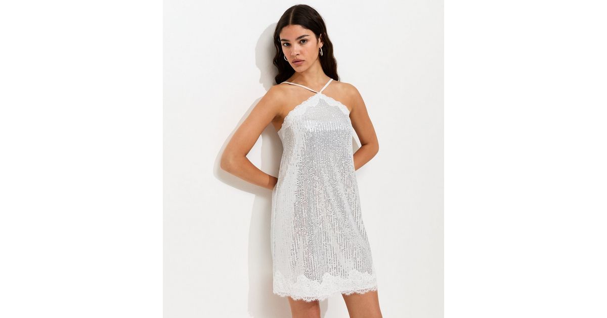 Silver Sequin Embellished Lace Trim Mini Dress