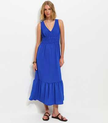 Bright Blue Ruched Waist V-Neck Midi Dress