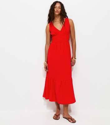 Bright Red Ruched Waist V-Neck Midi Dress