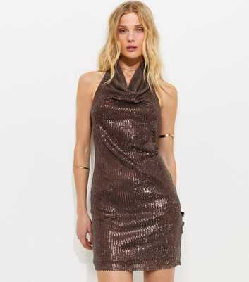 Brown Sequinned Halter Cowl Neck Mini Dress