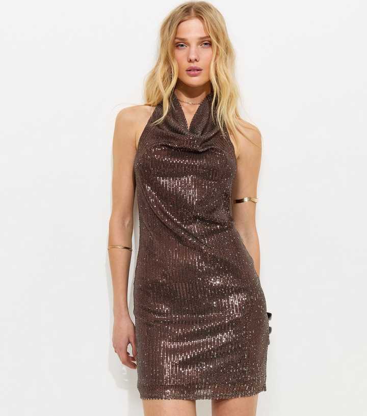 sachin and babi light blue dress New Look lace trim asymmetric hem mini dress in chocolate brown