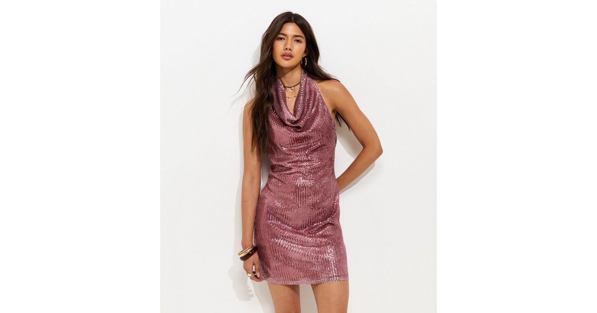 Dark Pink Glitter Halter Sequin Mini Dress
