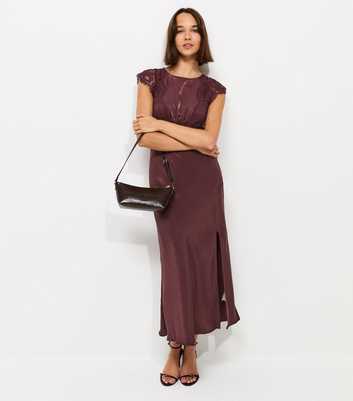 Dark Burgundy Satin Lace Sleeve Split Midi Dress