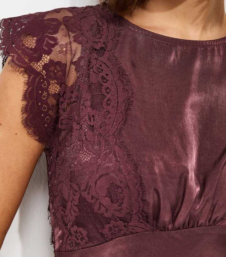 new look burgundy lace dress Dark Satin Sleeve Split Midi A high neckline creates