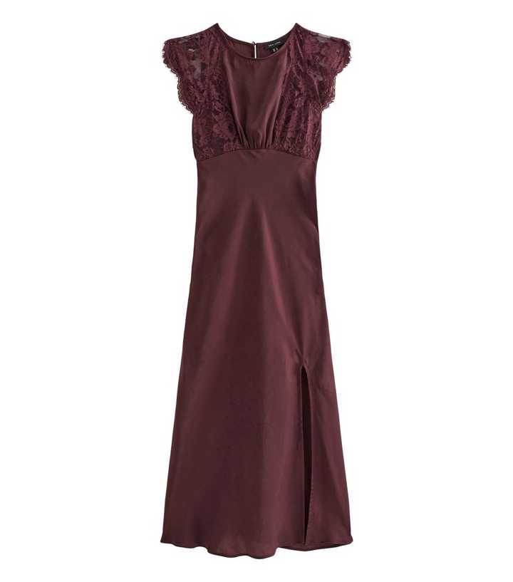 Dark Burgundy Satin Lace Sleeve Split Midi Dress