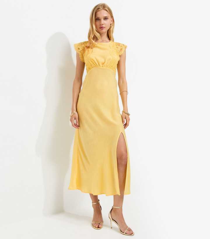 Light Yellow Satin Lace Sleeve Split Midi Dress