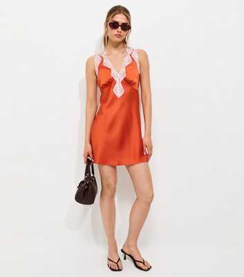 Rust Satin Lace Trim Sleeveless Mini Dress