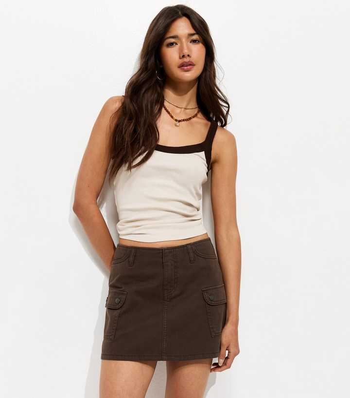 Dark Khaki Cotton Cargo Twill Mini Skirt