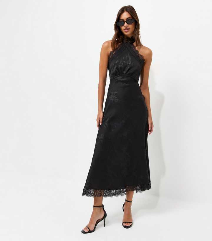 Black Floral Satin Lace Trim Halterneck Midi Dress