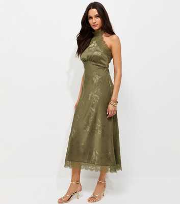 Dark Khaki Floral Satin Lace Trim Halterneck Midi Dress
