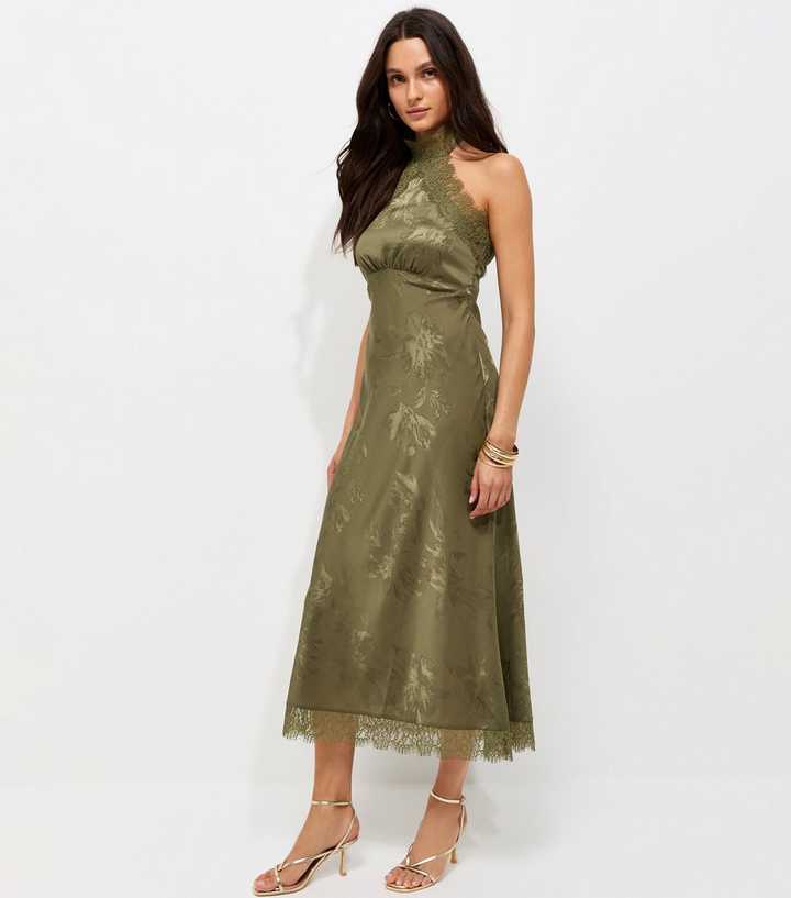 Dark Khaki Floral Satin Lace Trim Halterneck Midi Dress
