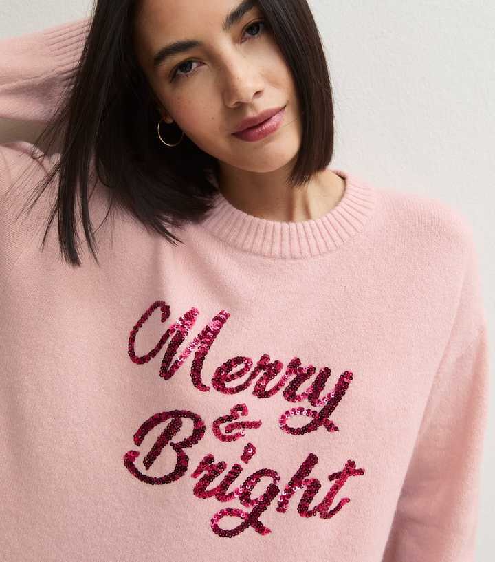 Pink Xmas Sequin Merry Bright Crew Neck Jumper