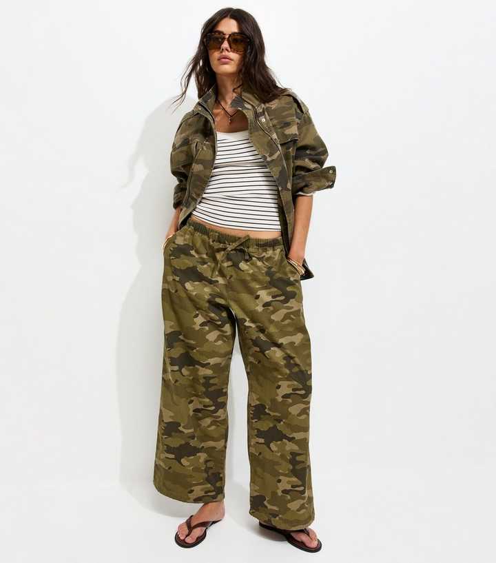 Green Cotton Camo Wide Leg Cargo Trousers