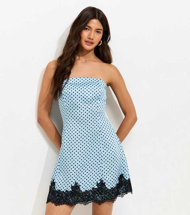 Blue Satin Polka Dot Lace Trim Mini Dress
