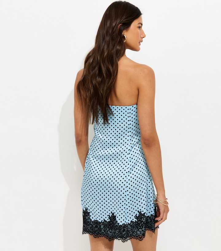 Blue Satin Polka Dot Lace Trim Mini Dress | New Look