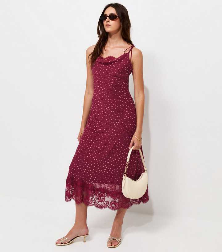 Red Polka Dot Print Chiffon Lace Trim Midi Dress