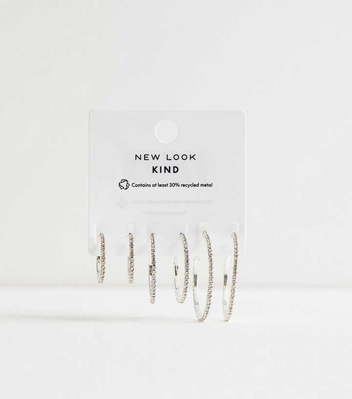 Pack of 3 Silver Tone Diamanté Hoop Earrings