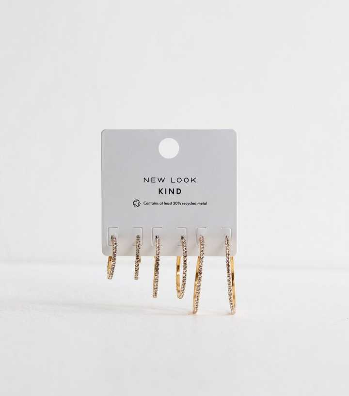 Pack of 3 Gold Tone Diamante Hoop Earrings