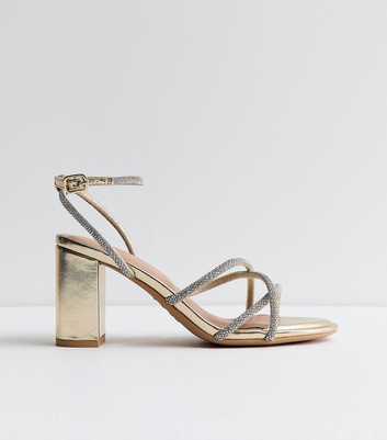 Wide Fit Gold Diamanté Strap Block Heel Sandals