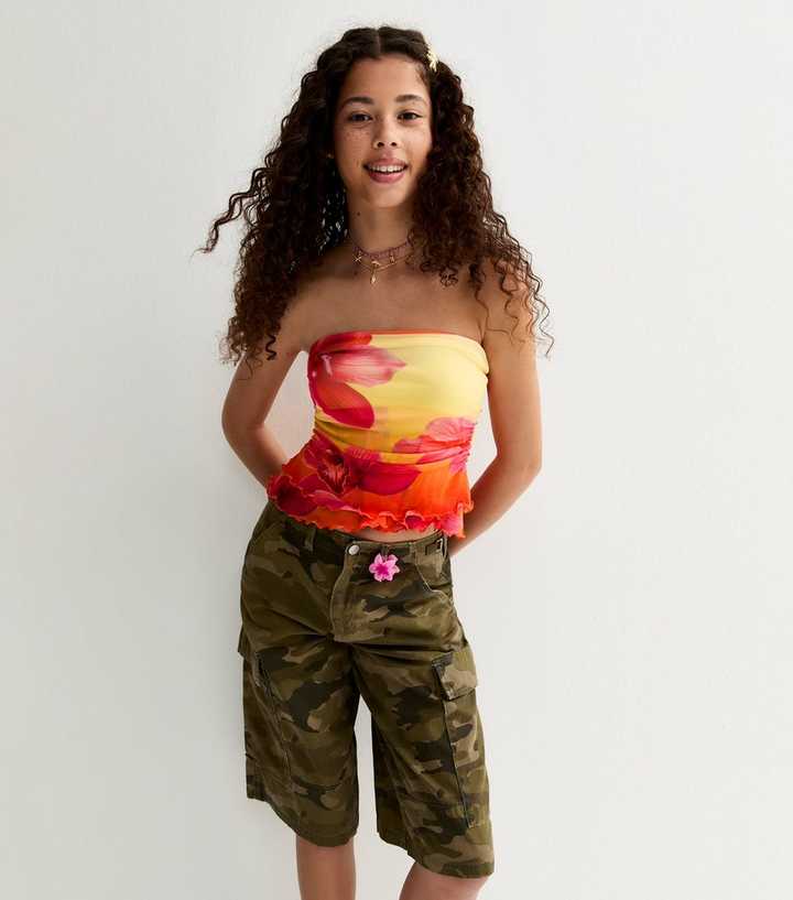 Girls Orange Ombre Hibiscus Flower Mesh Bandeau Top