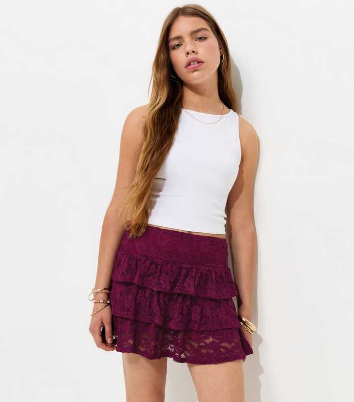 Girls Dark Pink Lace Tiered Rara Skort