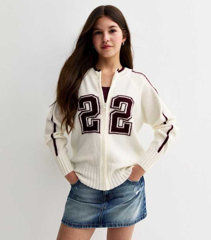 Girls Cream 22 Logo Knit Bomber Jacket